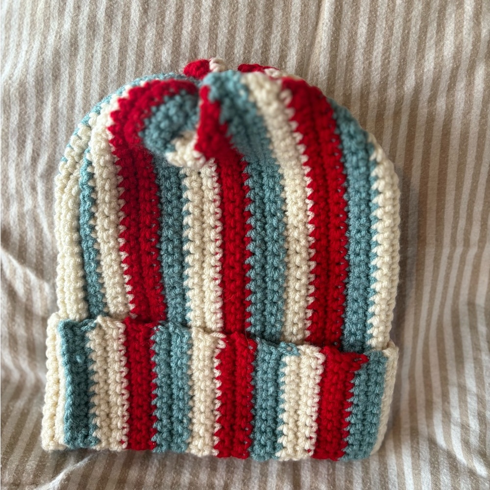 Striped crochet Beanie Buffalo bills themed perfect for gifts